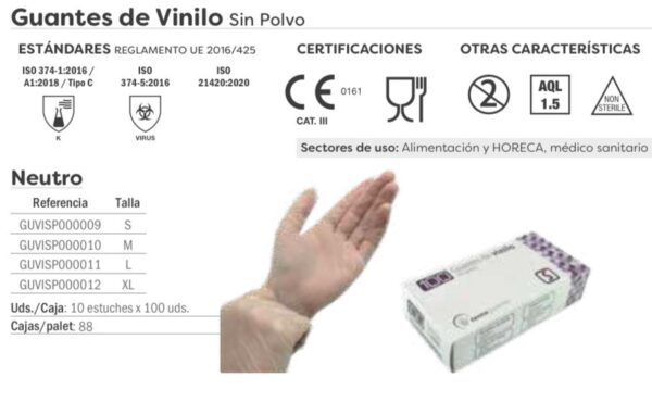 Guantes vinilo sin polvo T-S,M,L,XL paquete100uds caja10paquetes - Imagen 2